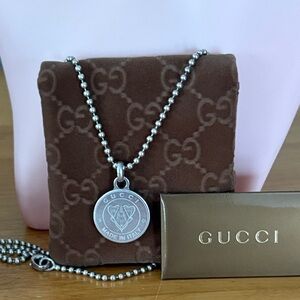 Gucci Crest Coin Sterling Silver Necklace Pendant Ball chain 20" VGUC